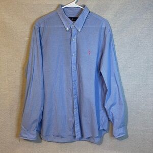 Ralph‎ Lauren Mens XL Blue White Checkered Cotton Button Up Long Sleeve Shirt